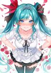  &gt;:( 1girl annoyed aqua_hair bangs black_thighhighs blue_eyes blush breasts cleavage closed_mouth collarbone dress embarrassed flower from_above frown hands_on_hips hatsune_miku highres inue_ao long_hair looking_at_viewer medium_breasts petals rose short_sleeves sidelocks simple_background supreme_(module) swept_bangs thighhighs tiara twintails v-shaped_eyebrows very_long_hair vocaloid world_is_mine_(vocaloid) wristband zettai_ryouiki 