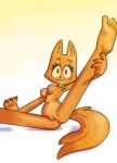  2022 anthro aoncyth canid canine feet female fox fur genitals hand_on_leg hi_res holding_leg mammal nude orange_arms orange_body orange_ears orange_fur orange_legs orange_tail pussy smile soles spread_legs spreading 