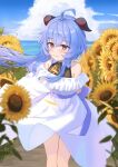  1girl absurdres ahoge alternate_costume arms_behind_back bangs bare_shoulders bell bent_over blue_hair blue_sky blush breasts cloud cowboy_shot day dress field flower flower_field ganyu_(genshin_impact) genshin_impact halterneck highres horns kuwahara_taiki leaning_forward long_hair looking_at_viewer medium_breasts neck_bell off-shoulder_dress off_shoulder outdoors purple_eyes sidelocks sky smile solo sunflower white_dress 