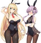  2girls animal_ears arm_up armpits black_gloves black_leotard blue_eyes breasts cleavage closed_mouth cowboy_shot crossed_arms detached_collar gloves hair_ornament highres large_breasts leotard long_hair looking_at_viewer multiple_girls necktie pantyhose playboy_bunny purple_hair rabbit_ears red_necktie see-through sidelocks simple_background single_glove small_breasts smile standing tsurumaki_maki voiceroid white_background wrist_cuffs yappen yuzuki_yukari 