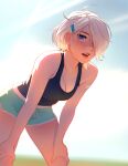  1girl absurdres bent_over blonde_hair blue_eyes blurry blurry_background breasts cleavage day hair_over_one_eye highres lips looking_at_viewer medium_breasts open_mouth original outdoors short_hair shorts solo sweat tank_top tsuaii 