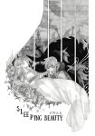  1boy 1girl absurdres arrow_(projectile) bangs blending bracelet breasts castle closed_eyes curtains dress english_text flower greyscale hand_on_own_stomach hand_up highres holding_hands hood hood_down jewelry kiss kissing_hand link long_hair monochrome outside_border planstar pointy_ears princess_zelda sleeping sleeping_beauty strapless strapless_dress the_legend_of_zelda 
