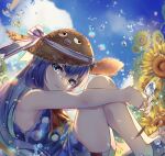  1girl backlighting blue_dress blue_eyes blue_hair bubble bubble_wand cloud commentary dress fang fisheye flower hat highres holding holding_wand hugging_own_legs looking_at_viewer otomachi_una outdoors shigemu_room sitting sky smile solo straw_hat sun_hat sunflower vocaloid wand water_drop wet_lens 