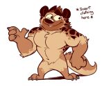 anthro black_nose brown_body brown_fur claws english_text fur henry_(wizzdono) hyaenid instructions male mammal muscular muscular_male null shadow simple_background smile spots tan_body tan_fur text white_background wizzdono yellow_sclera 