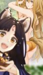  2girls :d animal_ears arknights arms_up ass bathing black_hair blurry bowl brown_hair ceobe_(arknights) commentary_request depth_of_field dog_ears dog_girl dog_tail facial_mark food forehead_mark hand_in_own_hair holding holding_bowl long_hair looking_at_viewer multiple_girls nude open_mouth photobomb red_eyes saga_(arknights) smile sparkle tail yokaze_(yokajie) 