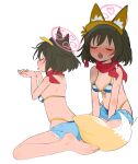  1girl animal_ear_fluff animal_ears barefoot bikini black_hair blue_archive blush breasts closed_eyes cupping_hands denim denim_shorts fox_ears fox_girl fox_tail grey_background halo highres izuna_(blue_archive) izuna_(swimsuit)_(blue_archive) medium_breasts multiple_views open_mouth oral_invitation red_scarf scarf short_shorts shorts simple_background sitting striped striped_bikini sumomo_(raviklx50uc2r2d) swimsuit tail tongue tongue_out visor_cap wariza 