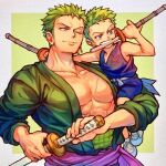  2boys abs age_comparison aokamei bara child green_kimono holding holding_sword holding_weapon japanese_clothes kimono long_sideburns male_child male_focus mouth_hold multiple_boys muscular muscular_male nipple_slip nipples one_piece pectoral_cleavage pectorals roronoa_zoro scar scar_on_chest sheath short_hair sideburns smile sword time_paradox unsheathing upper_body weapon younger 