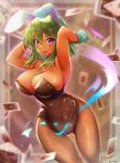  1girl :p absurdres animal_ears arms_up black_leotard black_pantyhose blurry blurry_background blurry_foreground blush breasts bunny_day cleavage covered_navel depth_of_field duralu500 fake_animal_ears falling_card fishnet_pantyhose fishnets gloves green_gloves green_hair highres idolmaster idolmaster_cinderella_girls large_breasts leotard looking_at_viewer natalia_(idolmaster) pantyhose playboy_bunny purple_eyes rabbit_ears smile solo tongue tongue_out 