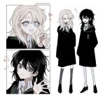  2girls :d albus_severus_potter arm_behind_back black_coat black_dress black_hair black_sweater blue_eyes character_name coat collared_shirt dress eye_contact genderswap genderswap_(mtf) green_eyes green_necktie grey_hair grey_thighhighs hand_up harry_potter_(series) harry_potter_and_the_cursed_child heart highres hogwarts_school_uniform kuimovi loafers long_hair long_sleeves looking_at_another looking_at_viewer medium_hair multiple_girls multiple_views musical_note necktie pantyhose school_uniform scorpius_malfoy shirt shoes simple_background slytherin smile sparkle standing star_(symbol) star_in_eye striped_necktie sweater symbol_in_eye thighhighs v waving white_background white_pantyhose white_shirt 