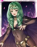  1girl arms_up bangs bodystocking breasts cape cosplay covered_navel fire_emblem fire_emblem:_three_houses fire_emblem_awakening flayn_(fire_emblem) green_eyes green_hair looking_at_viewer open_mouth shimako_(smk023) small_breasts tharja_(fire_emblem) tharja_(fire_emblem)_(cosplay) upper_body 