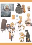  1girl 2boys ? absurdres animal_ears arknights back black_jacket black_shorts black_thighhighs character_request chiake_draw dress du_(arknights) feather_boa from_behind highres jacket karate kicking lee_(arknights) long_hair multiple_boys multiple_views orange_hair orange_sleeves short_shorts shorts solo speech_bubble spoken_question_mark tail thighhighs tiger_ears tiger_girl tiger_tail topless translation_request white_background white_dress 