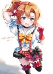  1girl absurdres bangs birthday blue_eyes blush bokura_wa_ima_no_naka_de choker commentary dated earrings english_text fingerless_gloves gloves happy_birthday highres jewelry kousaka_honoka love_live! love_live!_school_idol_project navel oekakiren_0403 one_side_up orange_hair shiny shiny_hair short_hair solo thighhighs white_background 