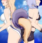  2girls arknights ass-to-ass bare_shoulders bikini biting black_bikini black_shorts blonde_hair blue_background braid breasts cowboy_shot head_out_of_frame highres intertwined_tails lip_biting long_hair medium_breasts multiple_girls nearl_(arknights) nearl_(shimmering_dew)_(arknights) official_alternate_costume open_mouth provence_(arknights) provence_(casual_vacation)_(arknights) purple_hair redash shorts swimsuit tail tail_through_clothes uncommon_stimulation white_swimsuit 