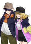  2girls absurdres adjusting_clothes adjusting_headwear artist_name bangs baseball_cap belt black_shorts blonde_hair blue_jacket braid brown_eyes brown_headwear closed_eyes dark_blue_hair green_pants hat highres hood hoodie jacket kuon_nanami long_hair long_sleeves multicolored_clothes multicolored_hoodie multicolored_jacket multiple_girls pants paripi_koumei shirt shorts signature simple_background smile tsukimi_eiko twin_braids wako_(1194433260) white_background white_shirt 