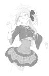  1girl belt blue_archive blush buttons cropped_jacket cropped_legs double-breasted greyscale halo hand_up high-waist_skirt highres kona_ming long_hair looking_to_the_side monochrome mutsuki_(blue_archive) neck_ribbon open_mouth outstretched_arm ribbon shirt shirt_tucked_in side_ponytail sketch skirt smile solo sparkle teeth 