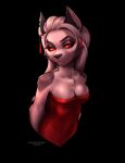  absurd_res anthro breasts canid canid_demon canine canis clothed clothing demon dress female fur hair hellhound helluva_boss hi_res loona_(helluva_boss) mammal muhomora piercing pinup pose red_sclera solo topwear white_body white_fur wolf 