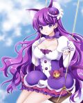  1girl :o animal_ear_fluff animal_ears blue_sky bow bow_choker breasts cat_ears cat_girl choker cleavage cowboy_shot cure_macaron day dress earrings elbow_gloves extra_ears food-themed_hair_ornament frilled_dress frills gloves hair_ornament jewelry kirakira_precure_a_la_mode kotozume_yukari long_hair macaron_hair_ornament magical_girl medium_breasts okayashi outdoors pouch precure puffy_short_sleeves puffy_sleeves purple_bow purple_choker purple_dress purple_eyes purple_hair purple_tail rope short_sleeves sitting sky solo swing white_dress white_gloves 