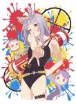  1girl ;d aimpoint animal_ears bangs blunt_bangs blush eyewear_on_head gold_ship_(umamusume) grin gyaru_v head_tilt horse_ears horse_girl horse_tail looking_at_viewer mejiro_mcqueen_(umamusume) nm222hz one-piece_swimsuit one_eye_closed paint_splatter smile solo splatter_background swimsuit tail thigh_strap tinted_eyewear umamusume water_gun 