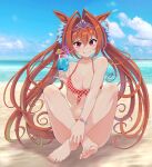  1girl absurdres alternate_costume animal_ears bangs bare_shoulders barefoot beach bikini blush bracelet breasts brown_hair cleavage closed_mouth crazy_straw crossed_legs cup daiwa_scarlet_(umamusume) drinking_straw fang fang_out feet full_body hair_intakes halter_top halterneck hands_on_feet heart_straw highres holding holding_cup horizon horse_ears horse_girl horse_tail jewelry knees_up long_hair medium_breasts navel ocean okken outdoors pinky_out plaid plaid_bikini red_bikini red_eyes sand sitting solo swimsuit tail tiara toenails toes tropical_drink twintails umamusume 