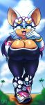  absurd_res anthro beach big_breasts big_ears bottomwear breasts clothing cloud deegee eyewear eyewear_on_head female footwear hi_res huge_breasts open_mouth pants plant rouge_the_bat seaside sega shoes sky smile solo sonic_the_hedgehog_(series) sunglasses sunglasses_on_head teeth_visible thick_thighs tight_clothing tight_topwear topwear tree wide_hips wings 