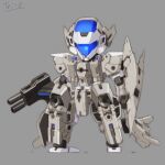  30_minutes_missions blue_eyes chibi clenched_hand eexm-30_espossito_alpha grey_background gun highres holding holding_gun holding_weapon looking_at_viewer mecha no_humans one-eyed robot science_fiction solo standing tei-o weapon 