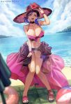  1girl ball beach beach_mat beachball bikini blue_eyes breasts bursting_breasts choker cleavage commission elezen elf final_fantasy final_fantasy_xiv flower halterneck hat hat_flower highres knees_together_feet_apart large_breasts leaning_forward multicolored_hair nail_polish open_mouth pointy_ears purple_hair sandals sarong sayanestia short_hair solo streaked_hair sun_hat swimsuit toeless_footwear water 