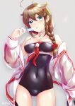  1girl ahoge arthur_ko black_swimsuit blue_eyes blush braid breasts brown_hair cleavage collarbone cosplay covered_navel cowboy_shot food grey_background hair_between_eyes hair_flaps highres holding holding_food johnston_(kancolle) johnston_(kancolle)_(cosplay) kantai_collection long_hair long_sleeves medium_breasts popsicle shigure_(kancolle) shigure_kai_ni_(kancolle) simple_background single_braid solo swimsuit tongue tongue_out twitter_username 