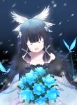  1girl absurdres bangs black_hair blue_flower bouquet cloak closed_eyes collarbone columbina_(genshin_impact) commentary facing_viewer flower fufumi fur-trimmed_cloak fur_trim genshin_impact highres multicolored_hair open_mouth purple_hair solo streaked_hair symbol-only_commentary teeth upper_teeth white_cloak 