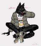  1boy animal_ears black_eyes black_fur blood blood_on_clothes blood_on_hands body_fur brown_jacket claws colored_sclera full_body furry furry_male grey_background grey_footwear hand_up highres jacket knees_apart_feet_together male_focus nagabe nosebleed original shirt signature simple_background sitting solo tail white_shirt wiping_nose wolf_boy wolf_ears wolf_tail yellow_sclera 