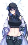  1girl absurdres armband bangs bare_shoulders baseball_cap belt black_belt black_hair black_headwear black_pants black_shirt blue_archive blue_eyes blush breasts chest_harness closed_mouth commentary commission cowboy_shot crop_top groin halo harness hat highres jacket long_hair long_sleeves looking_at_viewer midriff navel off_shoulder pants pixiv_request saori_(blue_archive) shirt sidelocks simple_background sleeveless sleeveless_shirt snap-fit_buckle solo sparkle standing sylph_kim thigh_gap turtleneck underbust white_background 