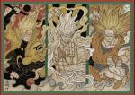  3boys blonde_hair chien_chih_kang clenched_hand dragon_ball holding holding_weapon looking_at_viewer male_focus multiple_boys muscular muscular_male naruto_(series) nihonga one_piece open_hand scar scar_on_chest son_goku super_saiyan ukiyo-e uzumaki_naruto weapon white_hair 