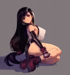  1girl ass black_hair breasts cleavage covered_nipples crop_top dangle_earrings detached_sleeves earrings elbow_gloves english_commentary final_fantasy final_fantasy_vii fingerless_gloves from_side full_body gloves head_tilt highres jewelry long_hair looking_at_viewer looking_to_the_side lying on_side optionaltypo panties pantyshot red_footwear shadow sideboob signature simple_background skirt smile solo suspender_skirt suspenders thighs tifa_lockhart underwear upskirt white_background 