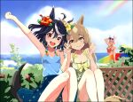  3girls ahoge animal_ears arm_up bangs bare_shoulders blue_shirt breasts brown_hair camisole cleavage day dress eyewear_on_head feet_out_of_frame flower gold_ship_(umamusume) green_dress hair_flower hair_ornament halterneck hand_up hedge hibiscus holding_hands horizon horse_ears horse_girl horse_tail interlocked_fingers kitasan_black_(umamusume) long_hair looking_at_viewer medium_hair multicolored_hair multiple_boys multiple_girls ocean okken open_mouth outdoors outstretched_arm rainbow red_eyes satono_diamond_(umamusume) shirt shirt_tucked_in sitting small_breasts standing streaked_hair sunglasses surfboard tail umamusume yellow_eyes 
