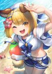  1girl :3 animal_ears ball beach beachball belt blonde_hair blue_shorts blush braid breasts crab crop_top day dog_ears dog_girl dog_tail flower footprints granblue_fantasy hair_flower hair_ornament hand_up hat highres holding holding_ball looking_at_viewer medium_breasts midriff navel one_eye_closed open_mouth orange_eyes outdoors sailor_collar sand shading_eyes shirt short_sleeves shorts single_braid sleeveless sleeveless_shirt solo starfish sunlight tail thick_eyebrows vajra_(granblue_fantasy) water white_headwear white_shirt yuiko_(yuiyuiko_108) 