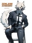  2022 anthro armband artist_name barefoot butler canid canine canis chest_tuft claws clock clothing feet fur gloves hair handwear harness hi_res leather leather_harness leather_straps male mammal mmorroxzks multicolored_body multicolored_fur muzzle_(object) pawpads ring simple_background sitting solo suit suit_and_tie title tuft two_tone_body two_tone_fur video_games von_lycaon white_background white_body white_fur white_hair wolf zenless_zone_zero 