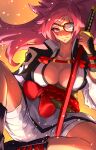  1girl absurdres arm_guards baiken bandages breasts cleavage embers eyepatch guilty_gear guilty_gear_xrd highres holding holding_sword holding_weapon japanese_clothes katana kimono large_breasts long_hair looking_at_viewer pink_eyes pink_hair ponytail samurai shaded_face sheath sheathed sitting sword ura_dora weapon 