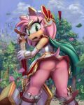  2022 amy_rose anthro clothed clothing cloud detailed_background digital_media_(artwork) drxsmokey eulipotyphlan eyelashes female fingers genitals green_eyes hedgehog looking_back mammal open_mouth outside pussy rear_view sega solo sonic_the_hedgehog_(series) 