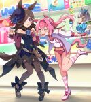  +_+ 3boys :o animal_ears bandaid bandaid_on_leg bangs bare_shoulders belt black_footwear black_thighhighs blue_dress blush brown_hair buruma cash_register cup dagger dress fingerless_gloves flower food gloves gold_ship_(umamusume) hair_over_one_eye hairband haru_urara_(umamusume) hat hat_flower high_heels highres holding holding_cup holding_spoon horse_ears horse_girl horse_tail ice_cream indoors jacket knees_up knife long_hair long_sleeves multiple_boys navel off-shoulder_dress off_shoulder okken open_mouth pink_gloves pink_hair ponytail purple_eyes rice_shower_(umamusume) sheath sheathed shirt shoes sideways_mouth socks sparkle spoon standing standing_on_one_leg striped striped_socks tail thighhighs umamusume weapon white_gloves white_jacket white_shirt 