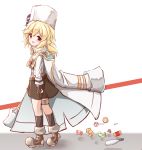  1girl absurdres bangs blonde_hair blush boots brown_footwear brown_legwear brown_skirt candy candy_wrapper center_frills eyebrows_visible_through_hair food frills fur_hat girls_frontline hair_between_eyes hat highres jacket kneehighs lollipop long_hair looking_at_viewer looking_to_the_side matsuo_(matuonoie) nagant_revolver_(girls_frontline) open_mouth red_background shirt skirt solo two-tone_background white_background white_hat white_jacket white_shirt 