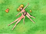  aquarina blonde_hair brown_hair collar dears flat_chest grass ikuhara_natsuki lennys_barboza lying multiple_girls nia_(dears) nude outdoors short_hair sunburn twintails 