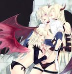  2boys anal bat_wings bikini bisexual_(male) blacksmith_(ragnarok_online) blonde_hair breasts censored cum demon_boy demon_girl facial fellatio gloves horns incubus incubus_(ragnarok_online) long_hair medium_breasts multiple_boys oral penis pointy_ears ragnarok_online red_eyes side-tie_bikini succubus_(ragnarok_online) swimsuit takamura_ryou wings 