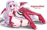  ass bad_id bad_pixiv_id bat_wings boots breasts cameltoe demon_girl garters headband idolmaster idolmaster_(classic) large_breasts long_hair nightmare_blood nipple_slip nipples pussy_juice red_eyes shijou_takane solo striped striped_legwear thighhighs white_hair wings yashahime_(dolcevite) 