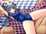  aqua_hair censored checkered clothed_sex elf kyabia_(drug_garden) one-piece_swimsuit original penis pointy_ears purple_eyes school_swimsuit sex skull solo_focus swimsuit swimsuit_aside swimsuit_under_clothes 