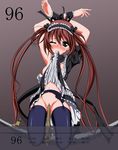  airi_(queen's_blade) bad_id bad_pixiv_id bdsm bondage bound censored garter_belt maid_headdress mouth_hold object_insertion one_eye_closed pussy queen's_blade skirt skirt_in_mouth skirt_lift solo thighhighs torn_clothes yuuzaki_takumi 