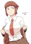  1girl breasts brown_hair large_breasts school_uniform shirt_removed short_hair tie tsukudani_(coke-buta) 
