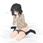  amagami bad_id bad_pixiv_id black_hair black_legwear black_panties bottomless chef_no_kimagure_salad cum cum_on_hair highres kibito_high_school_uniform long_sleeves messy_hair open_collar panties panty_pull pubic_hair school_uniform socks solo sweatdrop sweater tanamachi_kaoru underwear 