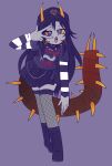  anthro arthropod beanie biohazard_symbol black_hair bottomwear centipede clothing collar enedra_dolores fishnet goth hair hat headgear headwear hi_res legwear long_hair long_sleeves male myriapod open_mouth orange_eyes punk skirt solo striped_sleeves symbol thigh_highs unkumo 