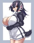  1girl absurdres animal_costume animal_hood black_gloves black_hair blush breasts gloves headphones highres hood hoodie humboldt_penguin_(kemono_friends) kemono_friends large_breasts looking_at_viewer multicolored_hair open_mouth penguin_costume penguin_hood penguin_tail purple_hair red_eyes simple_background solo tail urisaba 