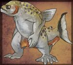  anthro dorsal_frill fish frill_(anatomy) green_body green_tail grey_body grey_tail imperatorcaesar male marine markings membrane_(anatomy) open_mouth simple_background solo spots spotted_body spotted_markings spotted_tail standing tail_markings webbed_feet webbed_hands wide_eyed 