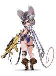  1girl absurdres animal_ears ass boots breasts brown_footwear closed_mouth from_behind full_body gloves grey_hair grey_headwear gun high_heel_boots high_heels highleg highres holding holding_gun holding_weapon kkaebing light_smile looking_at_viewer looking_back mouse_ears mouse_girl mouse_tail pouch red_eyes short_hair simple_background small_breasts standing swimsuit tail thigh_strap thighs weapon weapon_request white_background white_gloves 